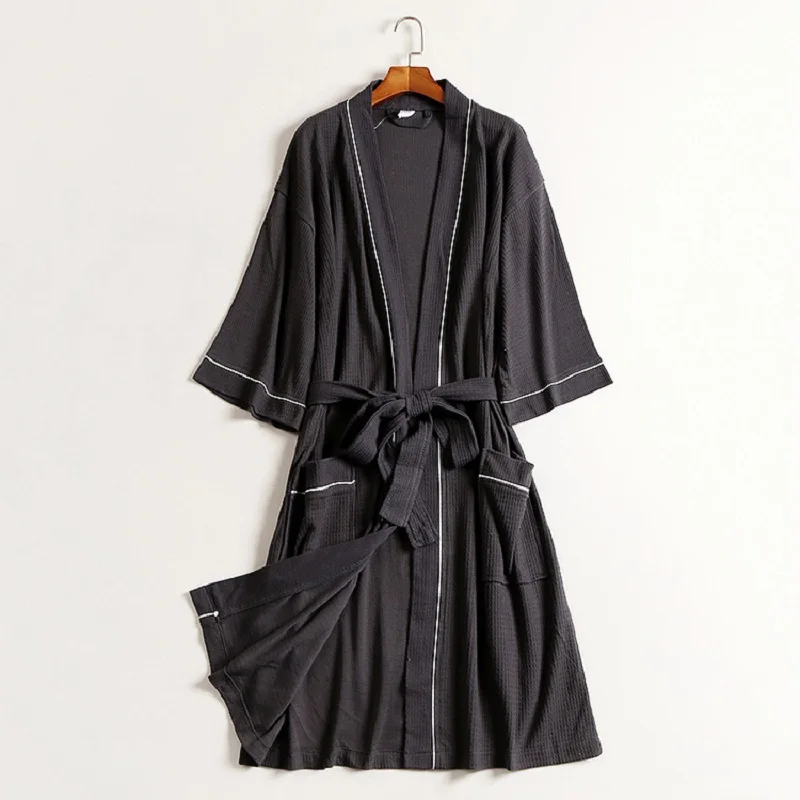plus size Spring waffle cotton bathrobes women robe men three-quarter length sleeves sleepwear solid color soft breathable plus size Spring waffle cotton bathrobes women robe men three-quarter length sleeves sleepwear solid color soft breathable