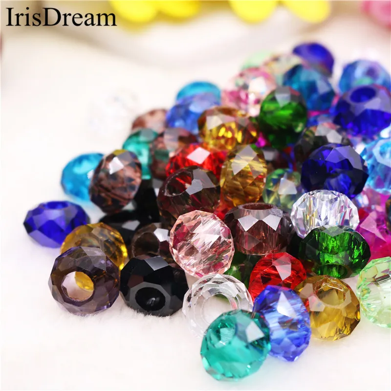 

10Pcs/Lot Solid Color Cut Faceted Big Hole Crystal Plastic Crystal Glass Beads Charm Fit European Pandora Bracelet DIY Jewelry