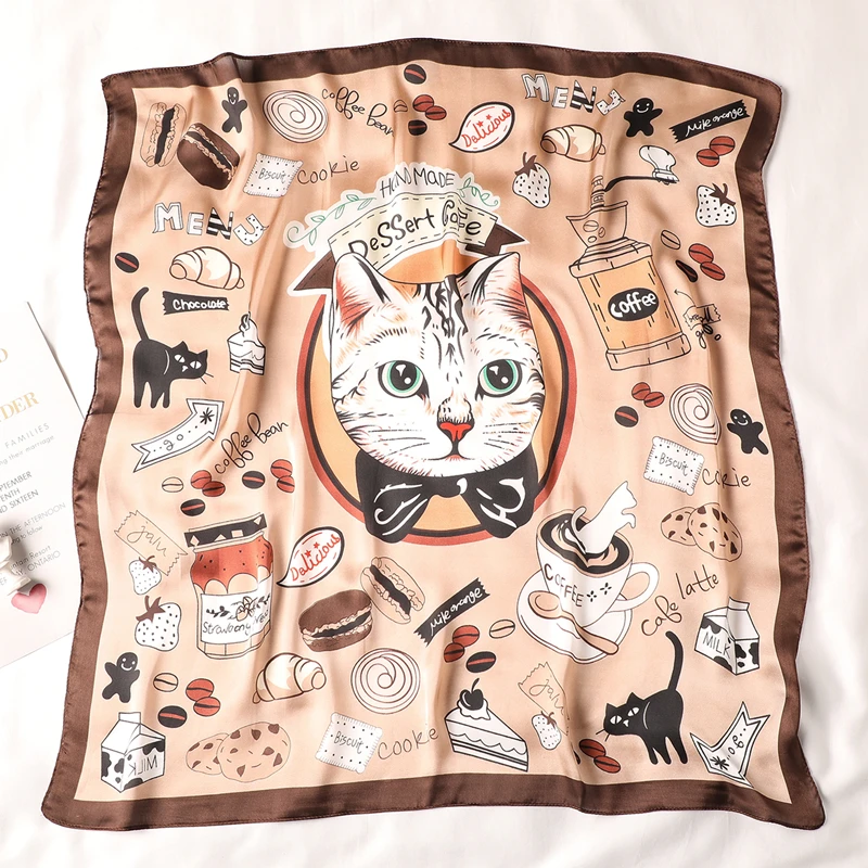 

2019 Fashion Silk Scarf for Women Square Small Neck Scarfs Cute Cat Print Lady Hand Kerchief Foulard Bandana Scarves Headband