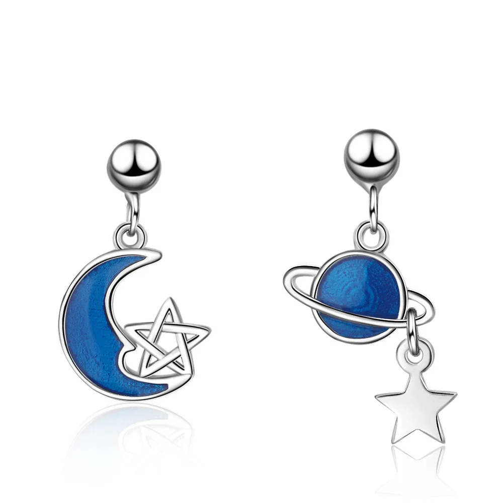 

Wholesale Asymmetric Blue Moon & Star 925 Sterling Silver Lady Stud Earrings Jewelry For Women No Fade Drop Shipping Gift