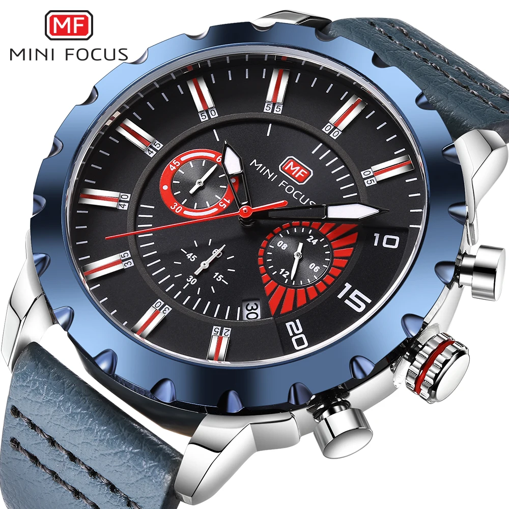MINIFOCUS модные спортивные часы Для мужчин Водонепроницаемый кожаный ремешок Для мужчин наручные кварцевые часы Для мужчин s Элитный бренд