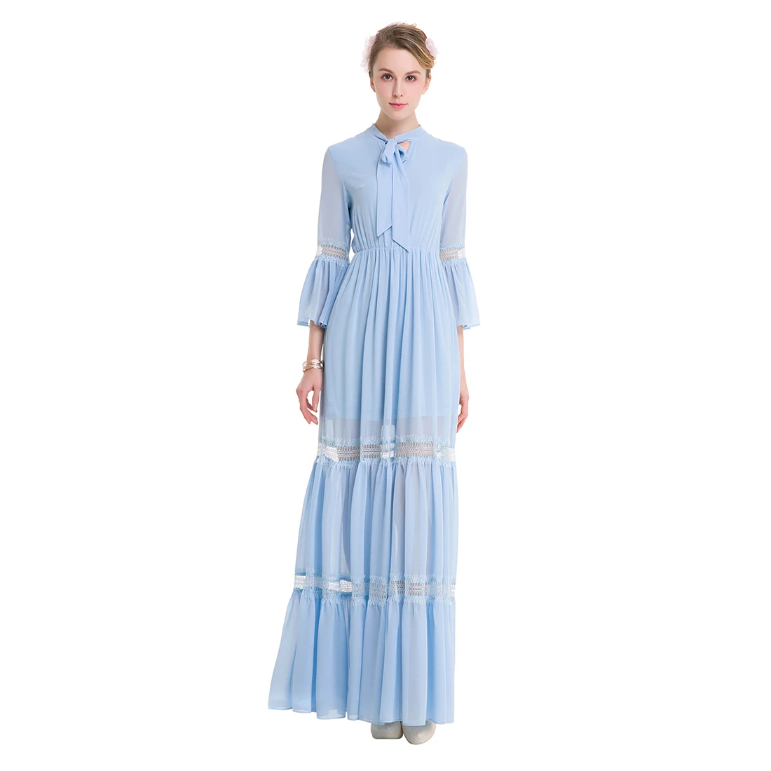 TFGS Original Design New Women Chiffon Long Dress Vintage Retro Bow Three Quarter Flare Sleeve Fairy