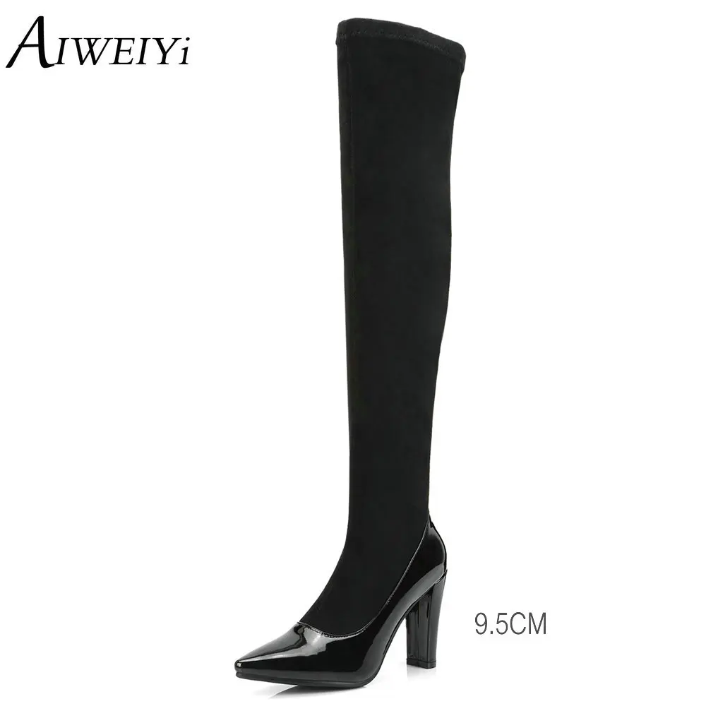 

AIWEIYi Pointed toe Knee High Boots Flock Square High Heels Over the Knee Boots Stretch Fabric Motorcycle Boots