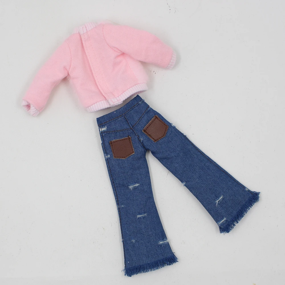Наряды для куклы Blyth, розовая меховая одежда с голубыми расклешенными джинсами, костюм для 1/6, azone BJD pullip licca