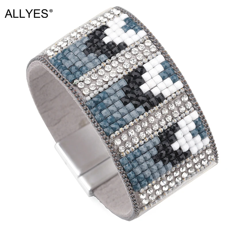 

ALLYES Leather Bracelet Female Rhinestone Crystal Paved Wide Cuff Bracelets & Bangles For Women Jewelry
