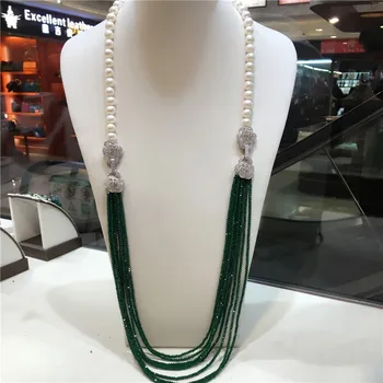 

hot sell 9 -10 mm white freshwater pearl necklace green beads multilayer long sweater chain fashion jewelry 32inches