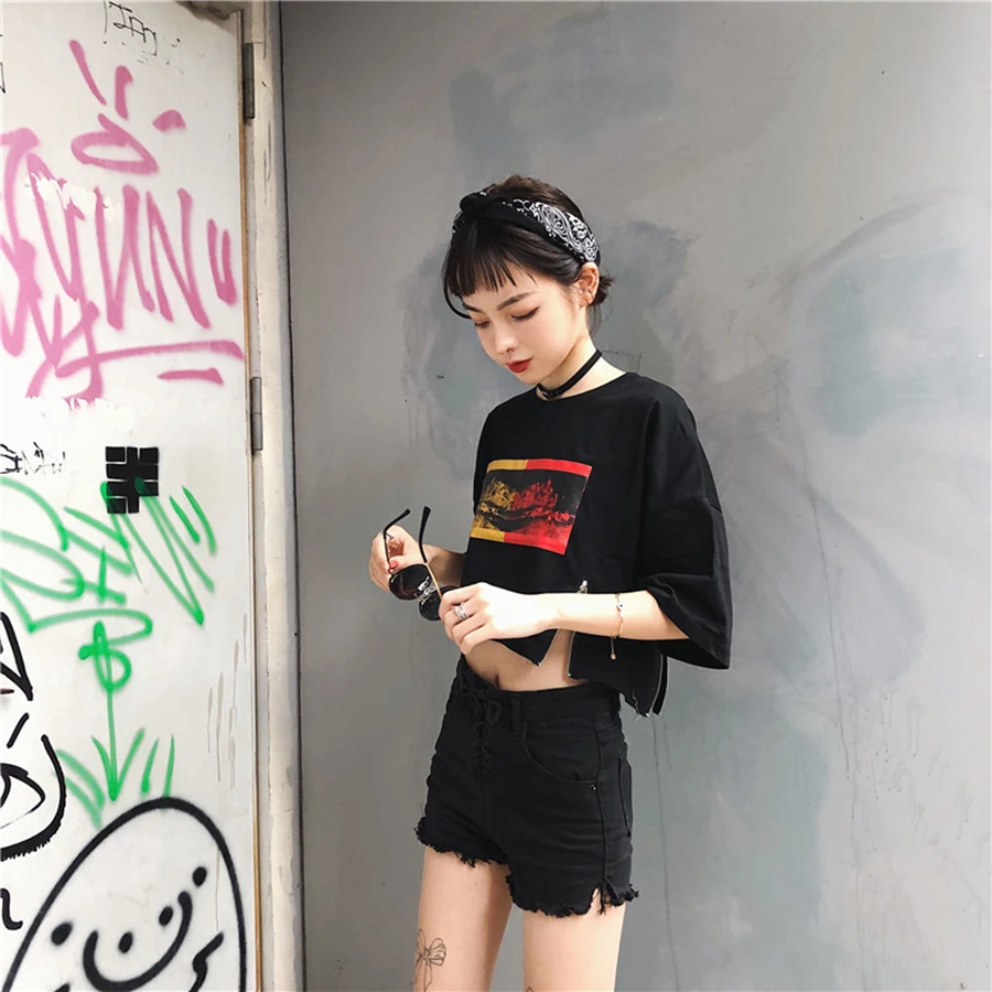 AULEAD Harajuku Повседневная футболка женский летний топ укороченная уличная одежда