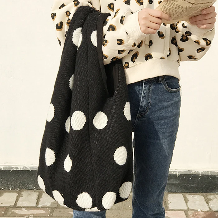 

Causual Dots Tote Bags for Women Japenese Cute Kawaii Style Knit Handbag Winter Fashion Soft Leisure Big Capcity Shoulder Bag