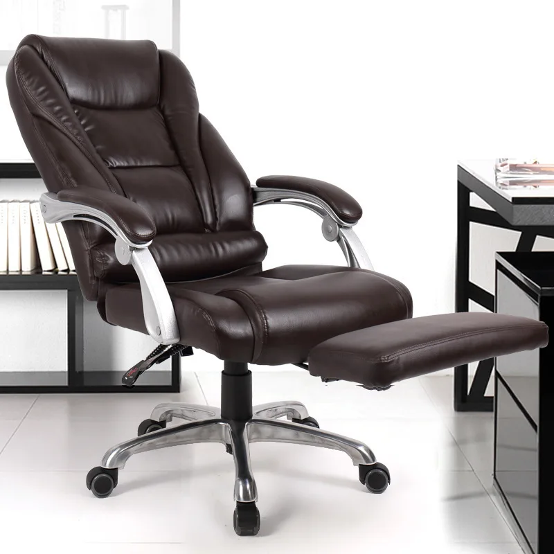 And Comfortable Office Computer Armchair Ergonomic Lying Boss Chair Household Leather Seat Aluminum Foot With Footrest