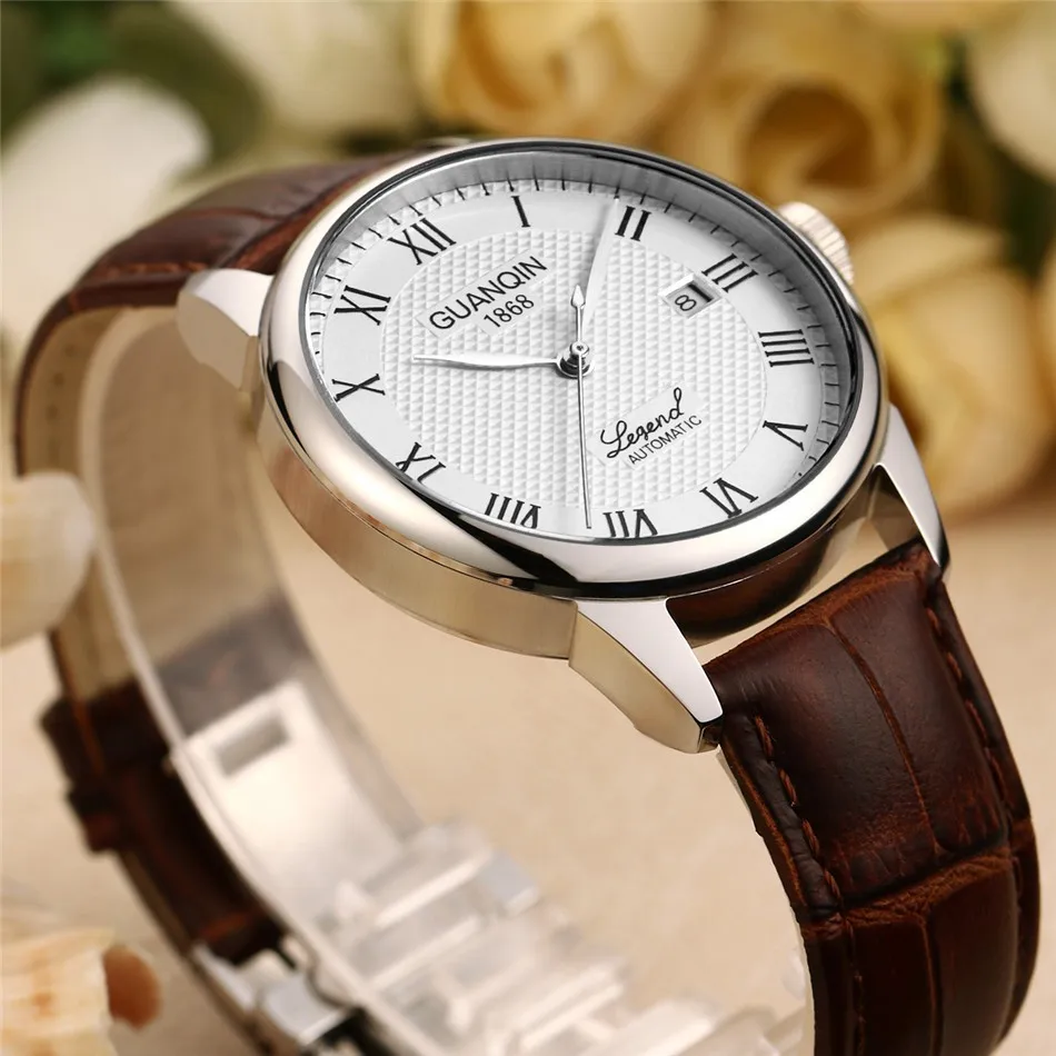 GUANQIN Mens watch Luxury Automatic Watch Men Mechanical Movement Wristwatches Waterproof Watches Top Brand White Day Display