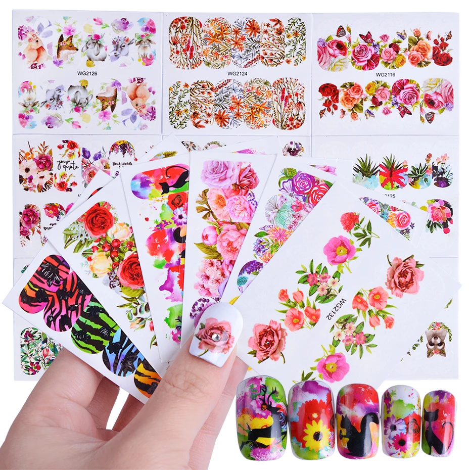 

45pcs Mixed Designs Full Charms Sticker Nail Art Water Decals Deep Color Flower Rabbit Cartoon DIY Decor Manicure Tips TRWG45