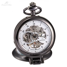 Ретро-Роскошный KS Бренд Чёрный Сплавочный Корпус и Цепь Уникальный Белый Скелетный Циферблат Ограниченный Выпуск Кулона Классический Стиль Элегантные Мужские Механические Антикварные Карманные Часы / KSP064