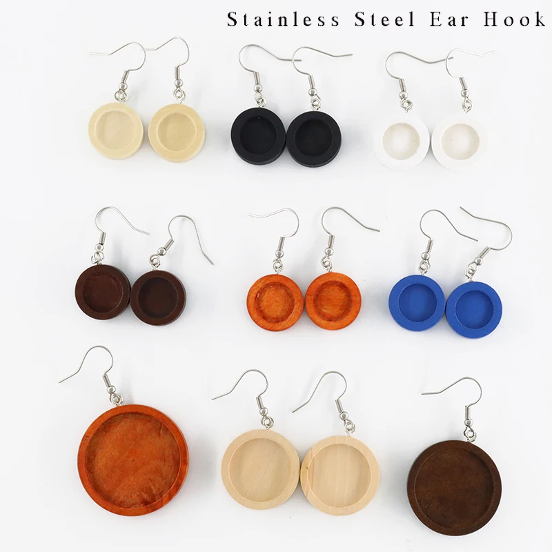 

DAWNJOE 10pcs 12/20/25/30 mm Wood Cabochon Stainless Steel Ear Hook Tray Base DIY Making Earring Jewelry Supplies Finding