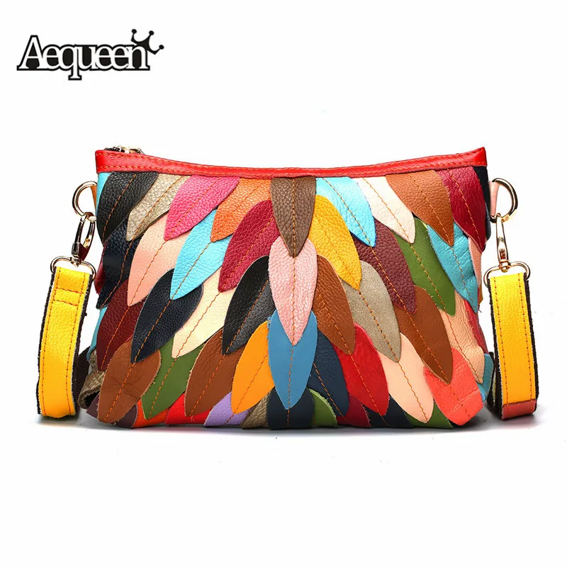 

AEQUEEN Women Shoulder Bags Patchwork Leaf Shape Messenger Bags Genuine Leather Crossbody Bag Ladies Bolsa Feminina Random Color