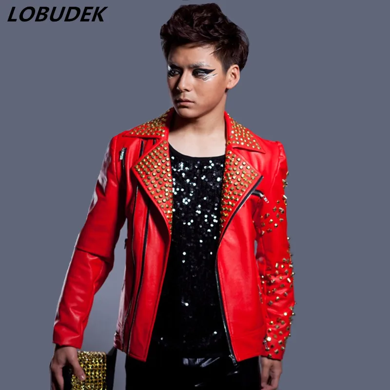 

Handmade Leather Rivets Outerwear Red PU Leather Jackets Nightclub Bar Tide Male Punk Rock Dancer Performance Coat Stage Costume