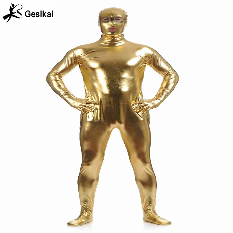 

Gesikai Fancy Adult Metallic Open Eyes and Mouth Zentai Full Bodysuit Shiny Men Tights Suit Jumpsuits Men Halloween Costumes