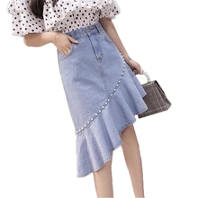 Асимметричная джинсовая юбка с бусинами Новинка года, Весенняя юбка-русалка юбки в готическом стиле, облегающие Юбки миди с хвостом, Faldas Jupe