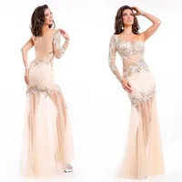 Light Pink Sexy Long Prom Dresses With See Through Skirt And Sheer Back Trumpet / Mermaid Floor Length Evening Gowns With Sleeve
