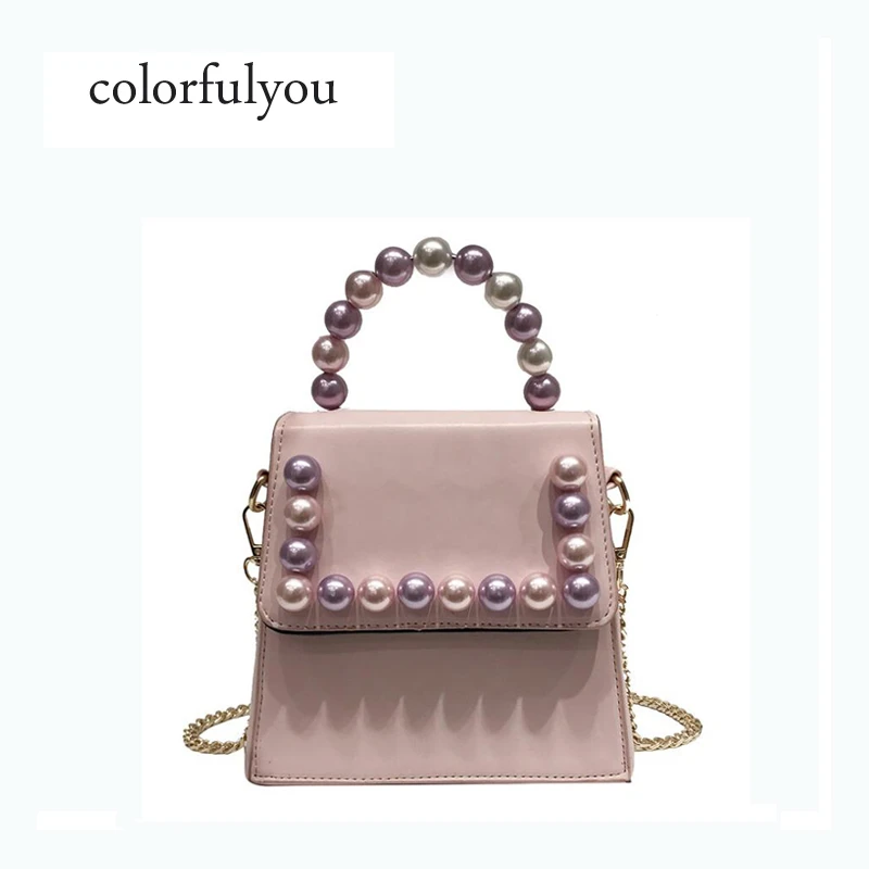 

Lady Small handbag Colored pearl handle tote Bag 2019 new Designer Brand chain PU leather Shoulder Bags For Women Pearl purse
