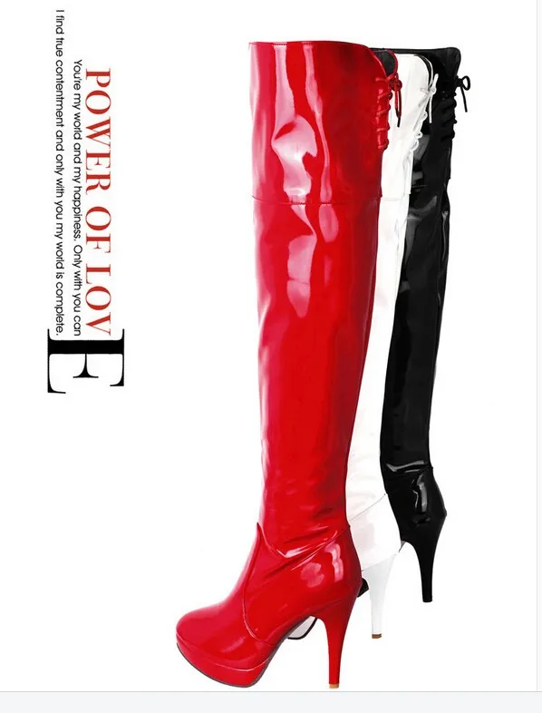 Сапоги до колена рыцарские сапоги из лакированной кожи на высоком каблуке в европейском стиле для танцев на стальных трубках женские сапоги черного, белого и красного цвета большой размер