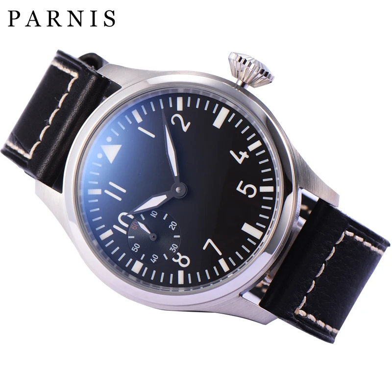 الأزياء باليد الرياح ساعات آلية الذكور 46mm Parnis 6498 لف اليد حركة الأسود الهاتفي الأبيض أرقام مضيئة الرجال ووتش