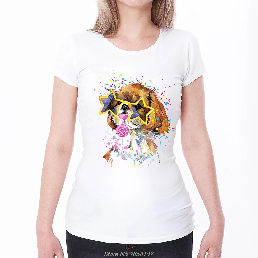 Акварельная милая собака принт Женская футболка с коротким рукавом лето Забавные топы с круглым вырезом Повседневная модная футболка Harajuku