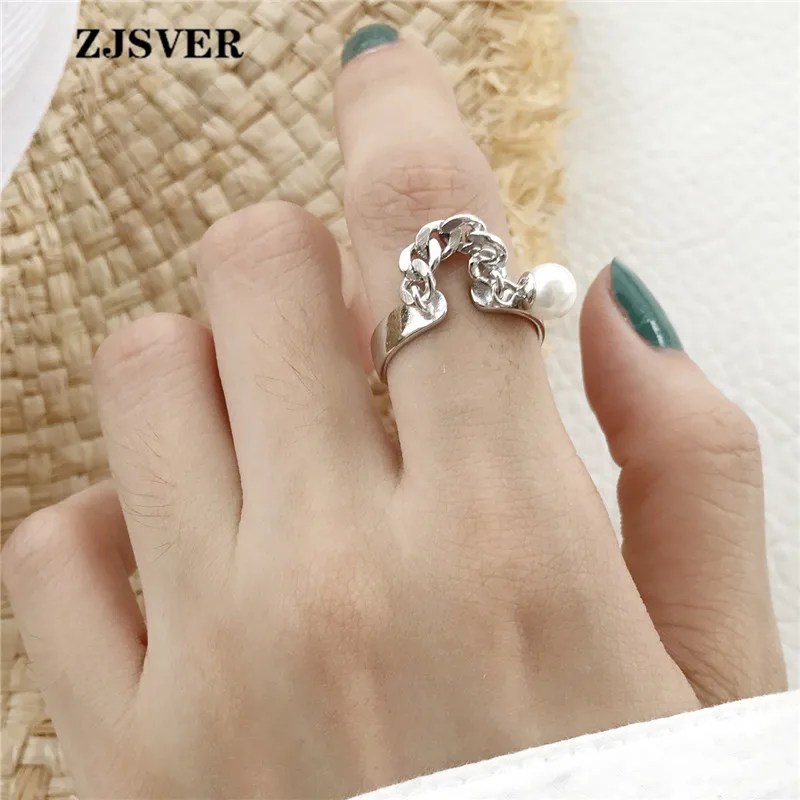 

ZJSVER Fine Korean Jewelry 925 Sterling Silver Ring Fashion Silver N Shape Chain Pearl Opening Adjustable Women Ring For Present
