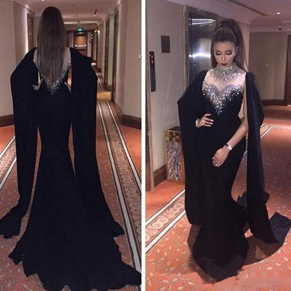

2021 High Neck Black Mermaid Prom Dresses Beaded Crystals Muslim Saudi Arabia Formal Evening Prom Gowns Party Dresses