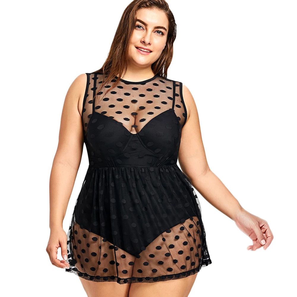 

Rosegal Plus Size Polka Dot One-Piece Swimsuits High Waisted Women Swimwear Sexy Swim Bathing Suit Holiday Chiffon Bikini 5XL