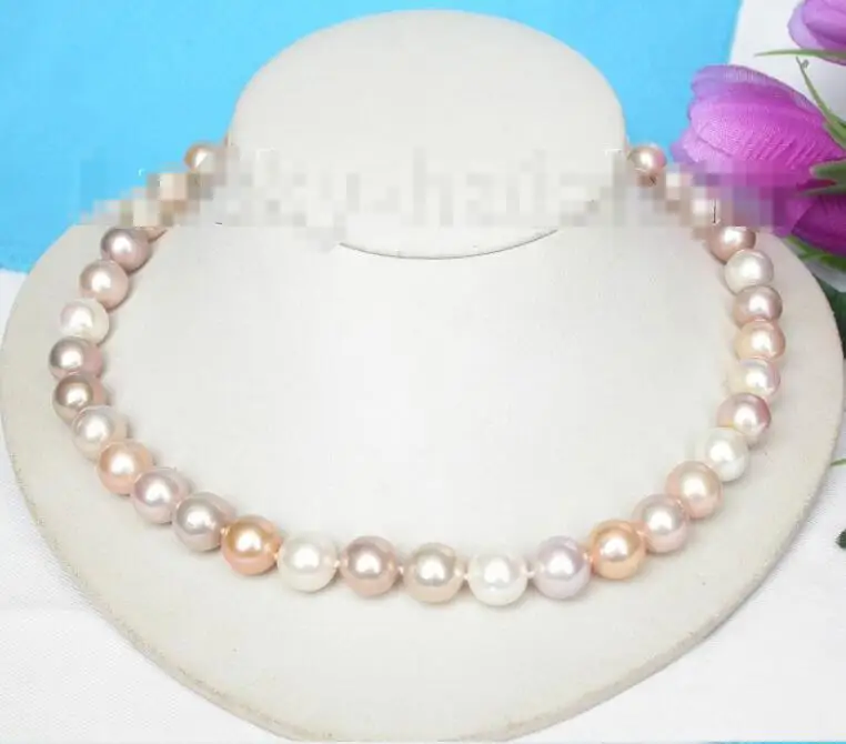

Free shipping hot sale Women Bridal Wedding Jewelry >>17" 12mm round MIX white pink purple pearls necklace 925 silver clasp