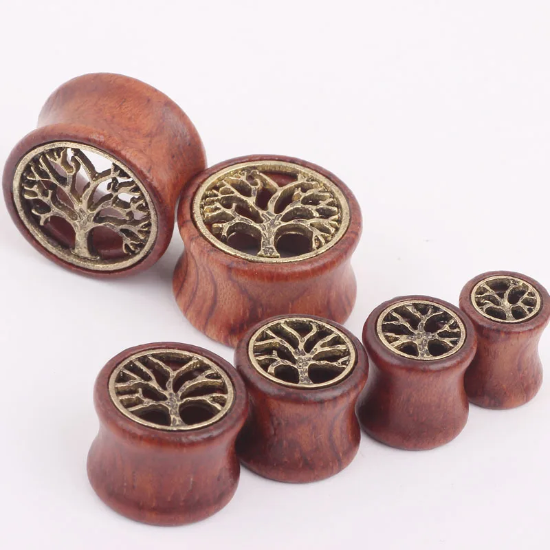 2pcs tree of life hollow red wood ear gauges piercing tunnels and plugs