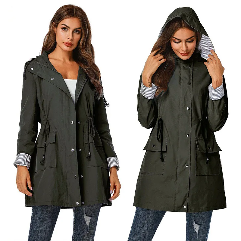 

ESCALIER New Style Trench Coat Waterproof Windproof Hooded Waist Zip Long-Sleeve Coat Female