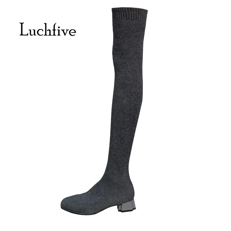 

2018 Fashion Stretch Sock boots Women Square Toe Slip On Knitting Slim Long boots Blak Gray Wild Joker winter thigh high boots