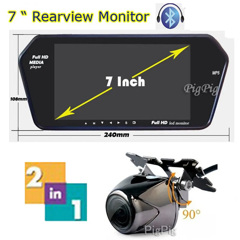 

High Resolution 1034*600 Full 7'' TFT LCD Car Mirror Monitor Bluetooth + MP5 Usb/TF Slot Parking & Reverse Car Rear View Camera