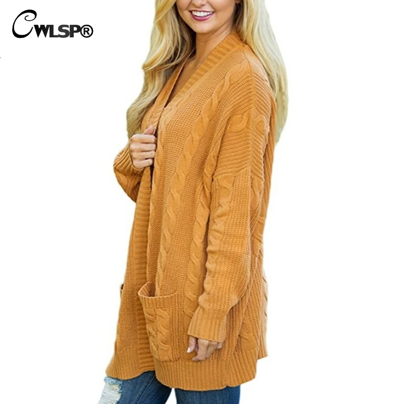 CWLSP 2018 Autumn Winter Long Sleeve Loose Sweater Womens Knitted Cardigan Sweater For Women Top Female Coat Plus Size QZ2964
