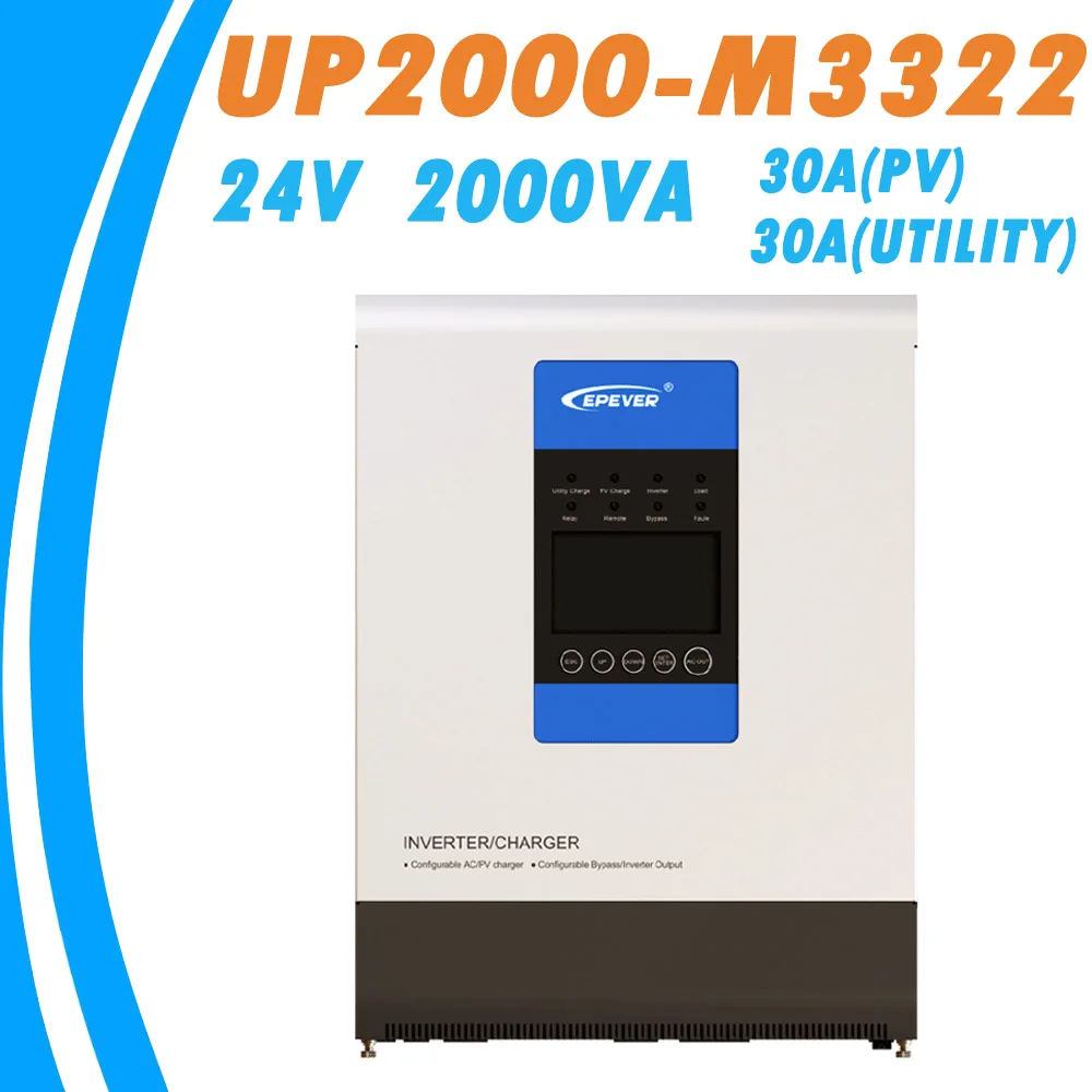 

EPever 2000VA Pure Sine Wave Hybrid Inverter MPPT 30A Solar Panel Charger and 30A AC Charger All in One for 24V Battery 220VAC
