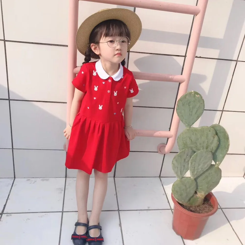 

2019 Summer Fashion Animal Rabbit Embroidery polocollar Red Color Party Birthday Princess Boutique Girls Dress