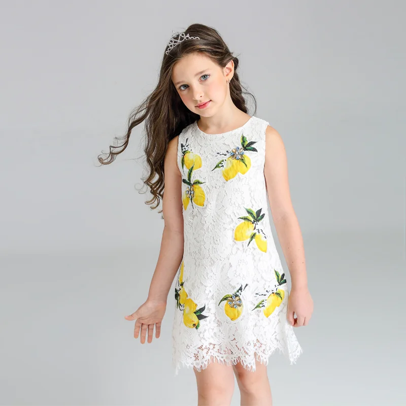 Kimocat/летнее кружевное платье принцессы без рукавов из чистого хлопка; платья принцессы с вышивкой лимона; детская одежда; рождественское платье для девочек