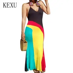 Kexu/летние женские богемные пляжные макси платья с v-образным вырезом без рукавов, одинаковые цвета, повседневное свободное платье