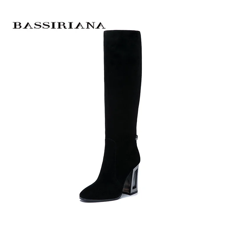 BASSIRIANA New Genuine leather high boots high heels shoes woman black suede beige leather Spring/Autumn zipper 35-40 size