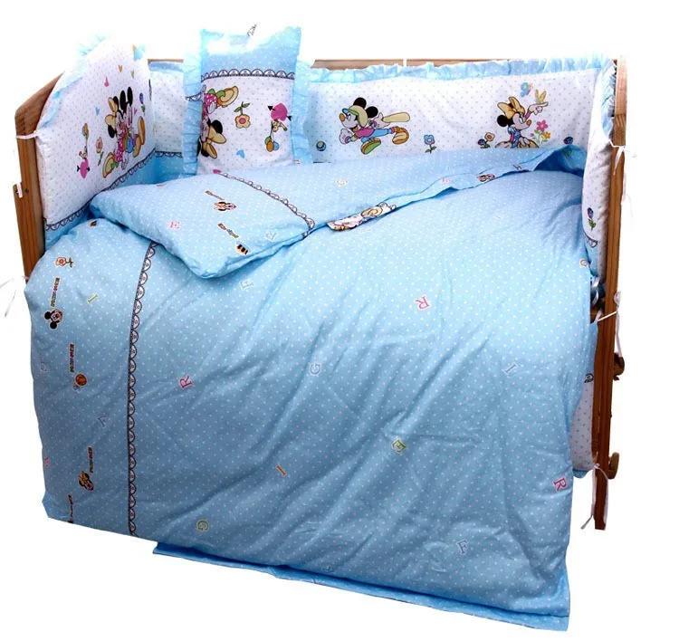 Promotion! 10PCS Mickey Mouse Baby cot bedding sets 100% cotton baby bedclothes crib bedding set (bumpers+matress+pillow+duvet)