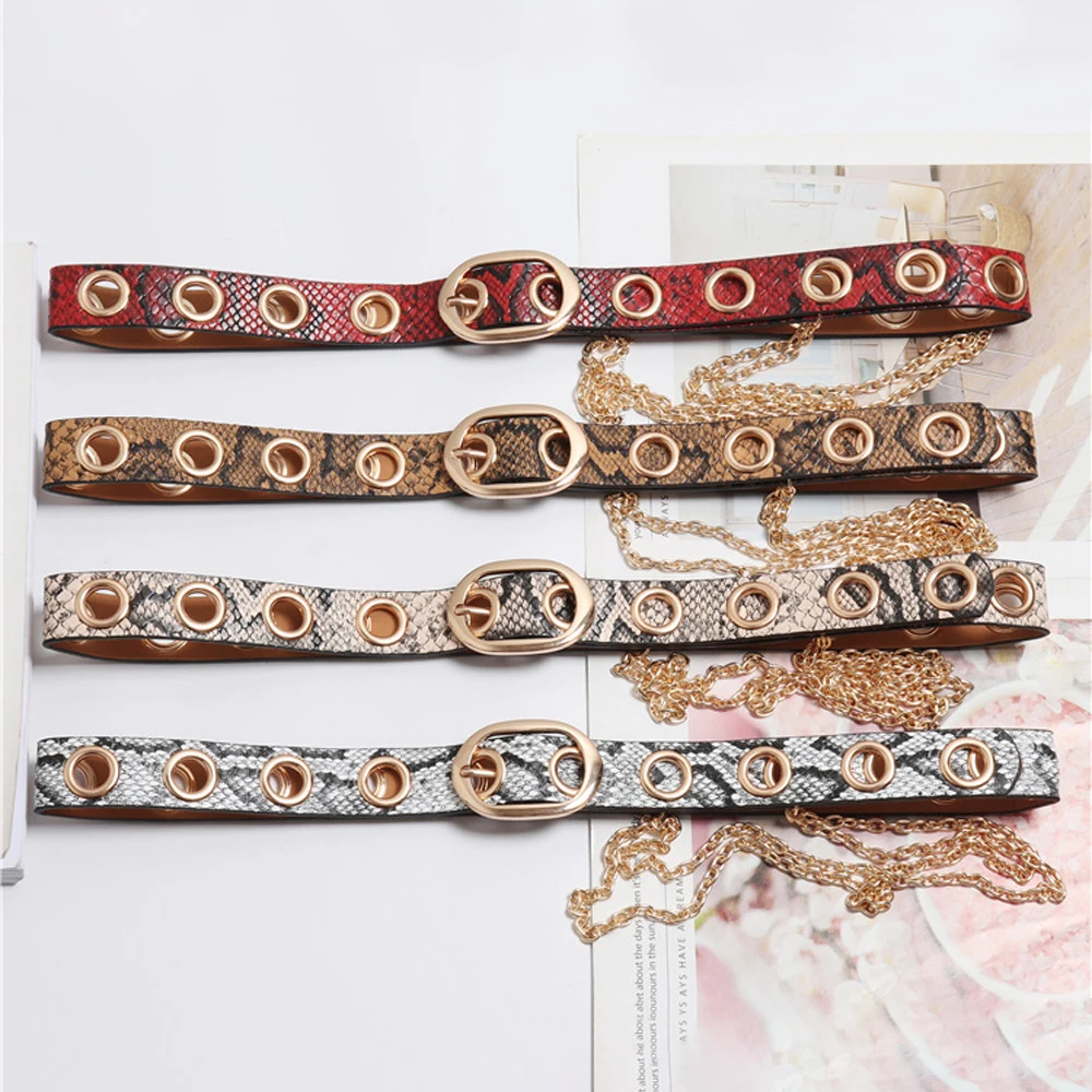 Red White 2.7cm Wide Gold Chain Eyelet Buckle Belts Punk Rock Snake
