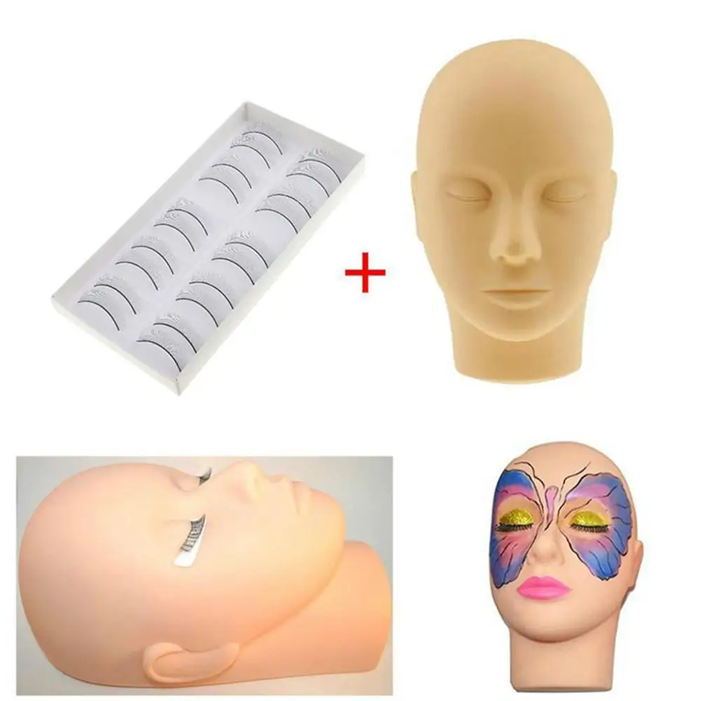 Силиконовый манекен для обучения макияжу с плоской головкой, практический Комплект ресниц для наращивания ресниц, 1 силиконовый манекен, 10 шт., ресницы для ресниц