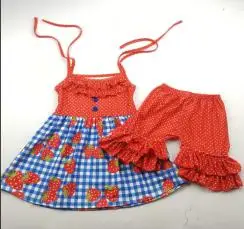 

Summer's cutest strawberry suit dress red with blue straps sleeveless girls suit shorts pop girl suit