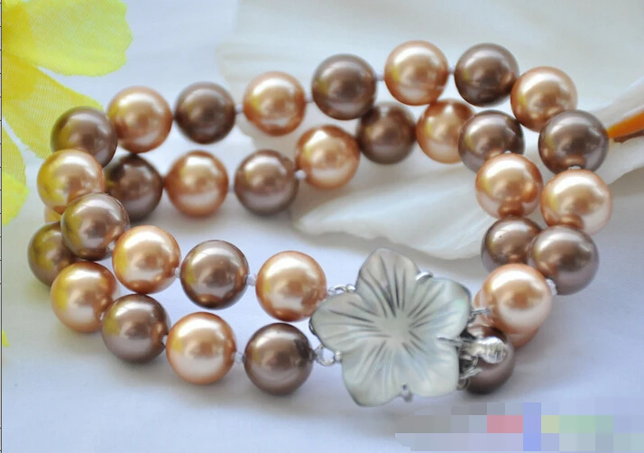 

free shipping 09736 2row round coffee champagne SOUTH SEA SHELL PEARL bracelet