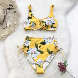 CUPSHE желтый цветочный принт женские комплекты бикини Высокая талия кружево до двойка купальники 2019 девушка пикантные пляжные купальные