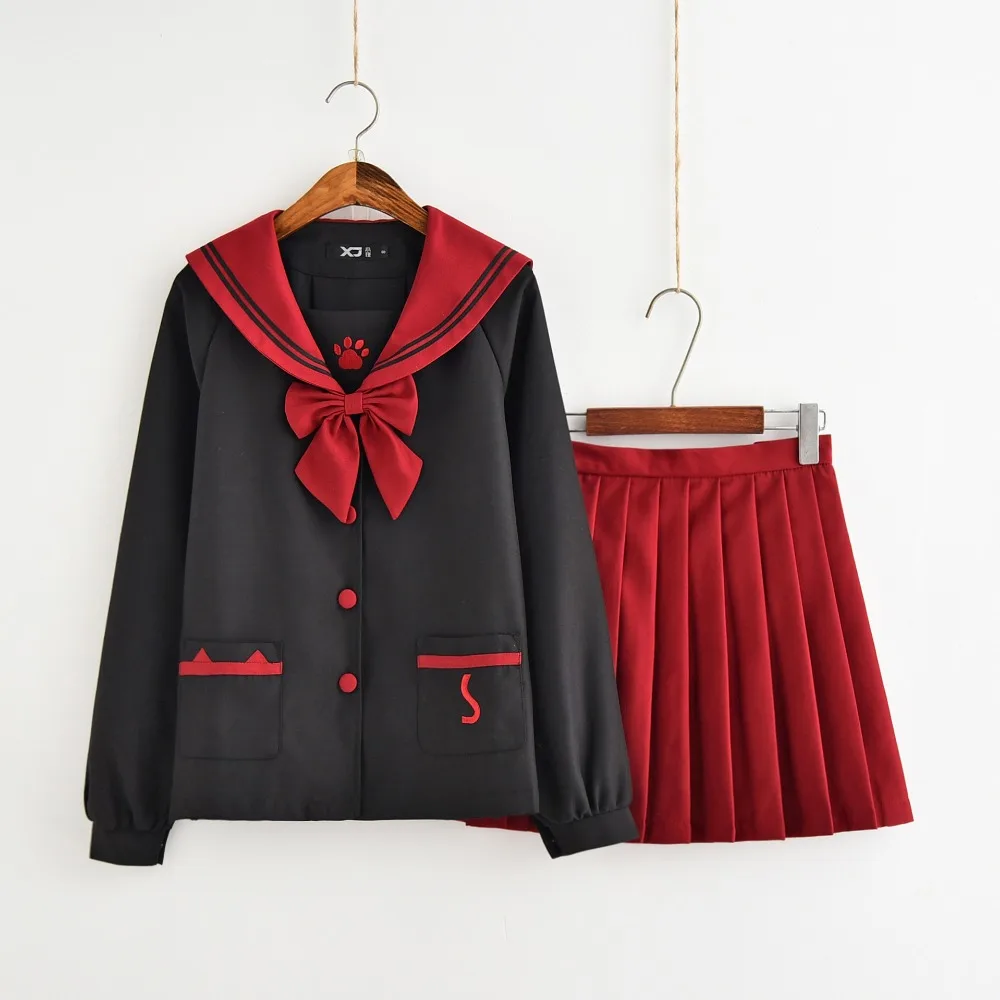 

Fashion Spring Autumn British School Girl Uniform Paws Embroidery Black Red Stitching Tops Pleated Skirt Sailor Suits