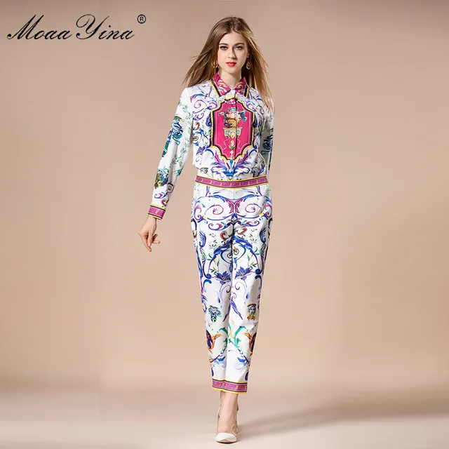 Best Offers MoaaYina 2018 Fashion Designer Set Autumn Women Turn-down Collar Floral Print loveliness Elegant Tops+Trousers Two-piece suit Best Offers MoaaYina 2018 Fashion Designer Set Autumn Women Turn-down Collar Floral Print loveliness Elegant Tops+Trousers Two-piece suit