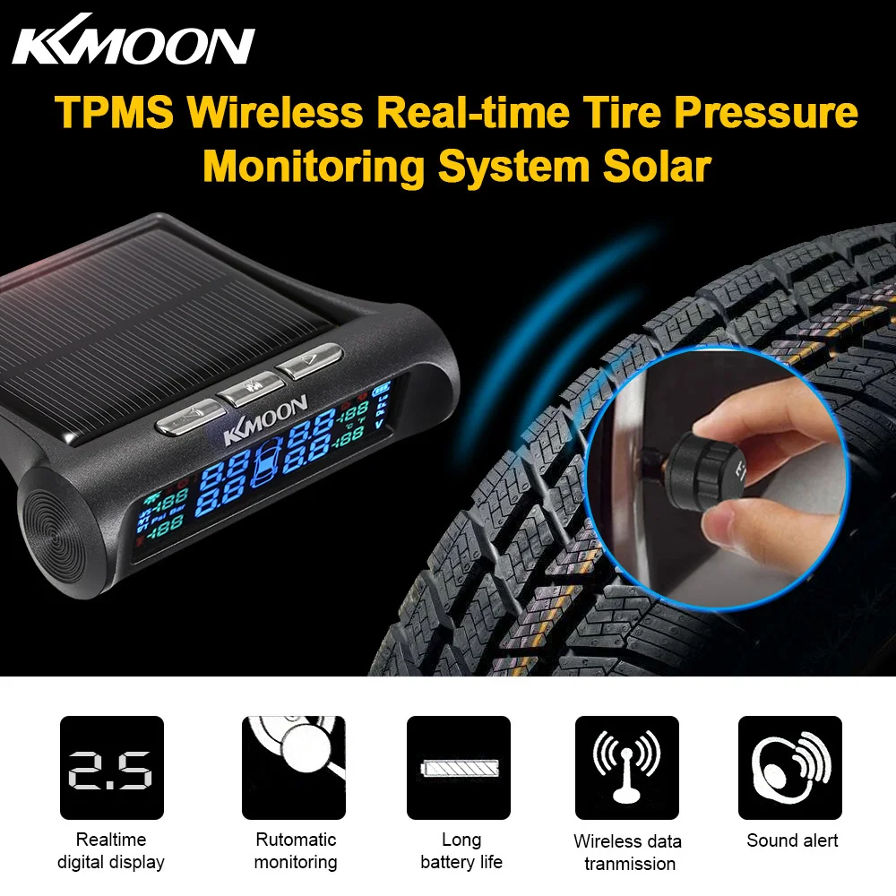 KKmoon TPMS Беспроводная система давления в шинах в реальном времени Солнечная энергия с голосовой подсказкой ЖК-дисплей 4 внутренних/внешних датчика сигнализации