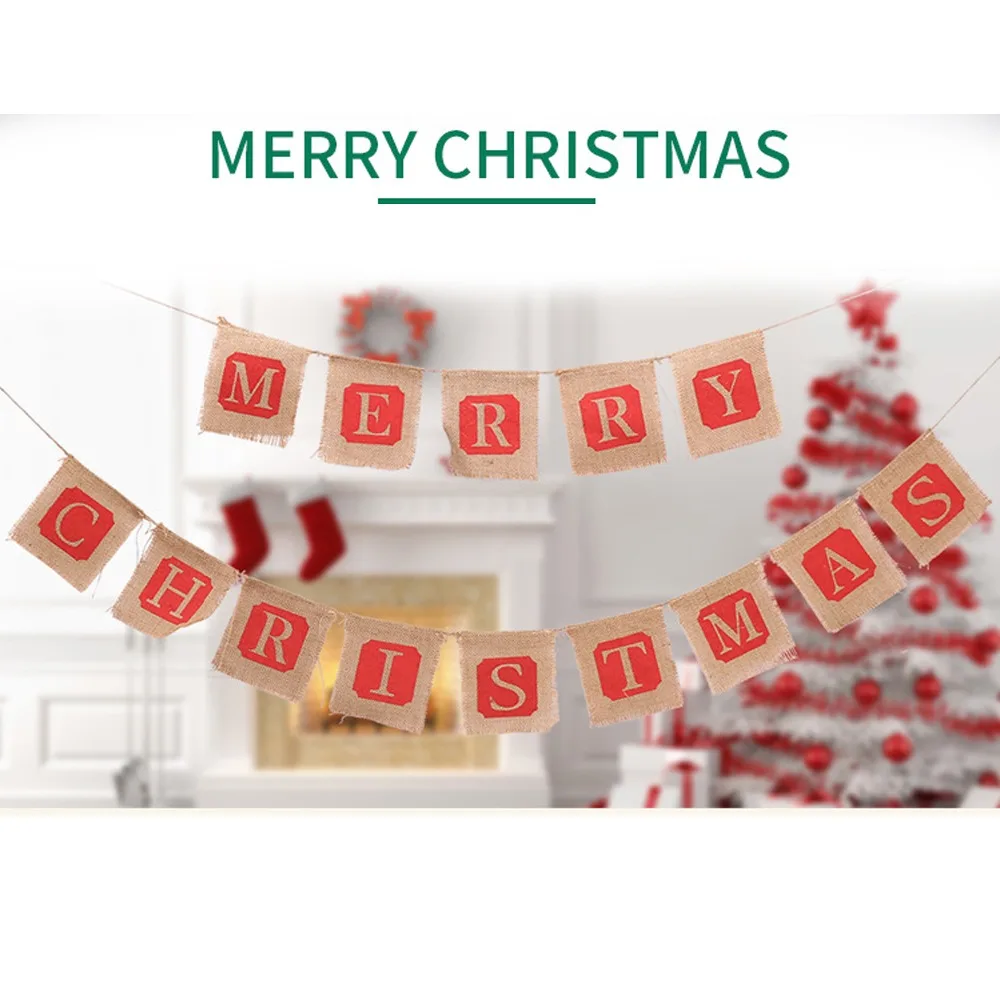 

1pc Jute Xmas Festival Pull Flag Decoration Holiday Marry Christmas Hanging Flag